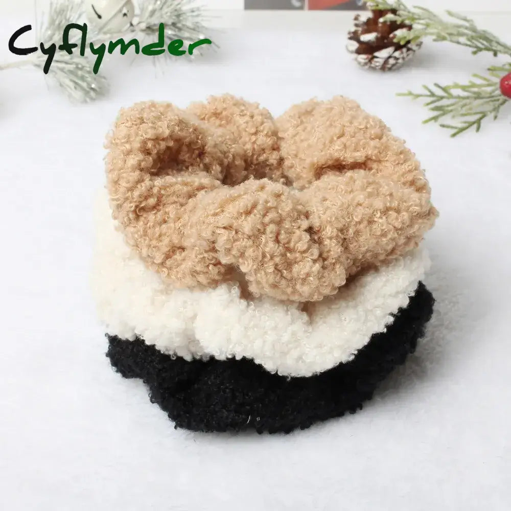 Cyflymder 3Pk Hair Scrunchies Furry Elastic Band Women Girls Soft Teddy Ties Ponytail Holder Rubber