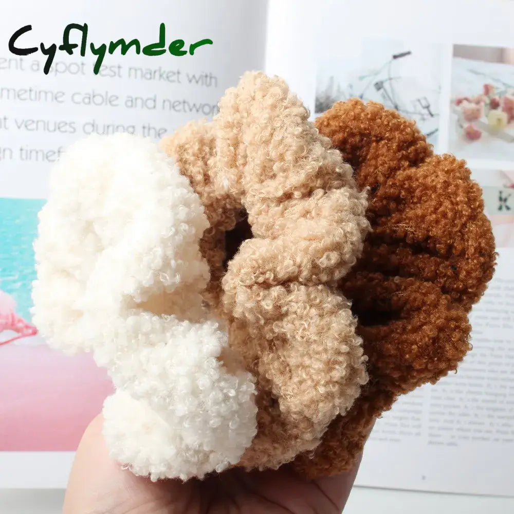 Cyflymder 3Pk Hair Scrunchies Furry Elastic Band Women Girls Soft Teddy Ties Ponytail Holder Rubber