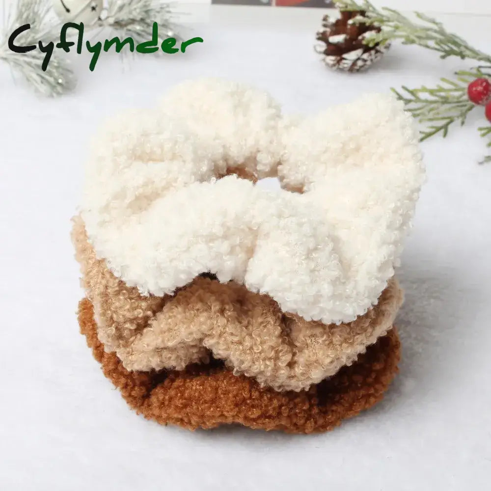 Cyflymder 3Pk Hair Scrunchies Furry Elastic Band Women Girls Soft Teddy Ties Ponytail Holder Rubber