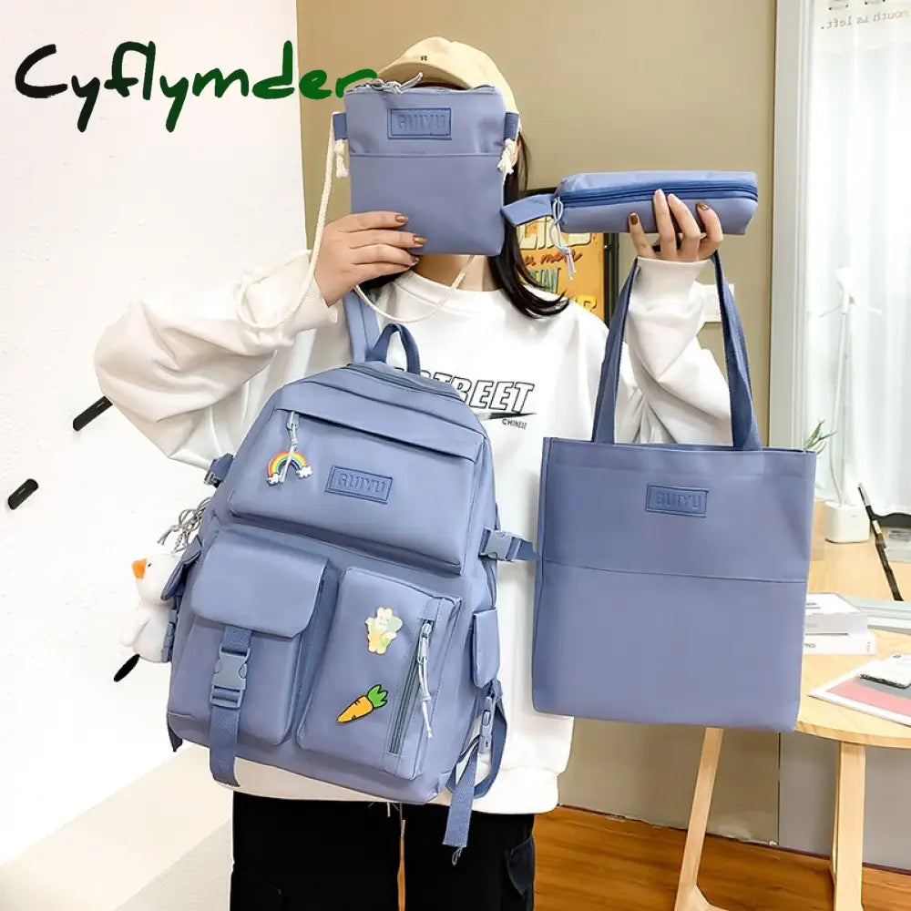 Cyflymder 4 In 1 Kawaii Women Backpack Set Canvas Kids Backbags Waterproof School Bag For Girls