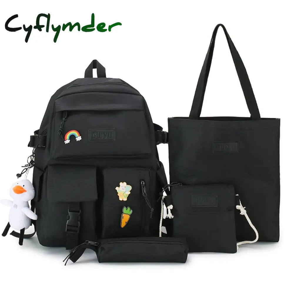 Cyflymder 4 In 1 Kawaii Women Backpack Set Canvas Kids Backbags Waterproof School Bag For Girls