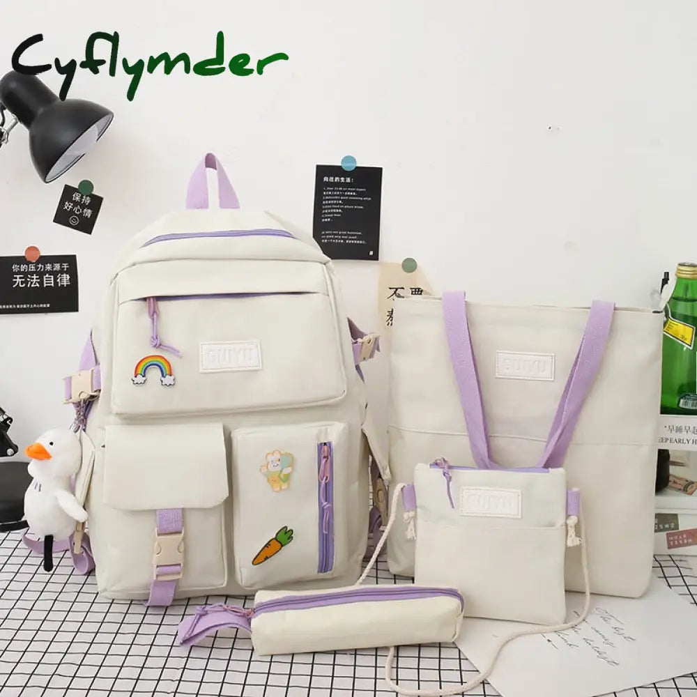 Cyflymder 4 In 1 Kawaii Women Backpack Set Canvas Kids Backbags Waterproof School Bag For Girls