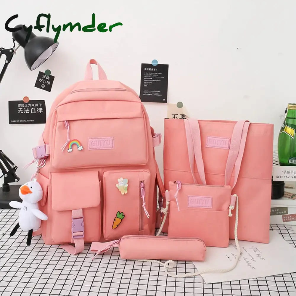 Cyflymder 4 In 1 Kawaii Women Backpack Set Canvas Kids Backbags Waterproof School Bag For Girls