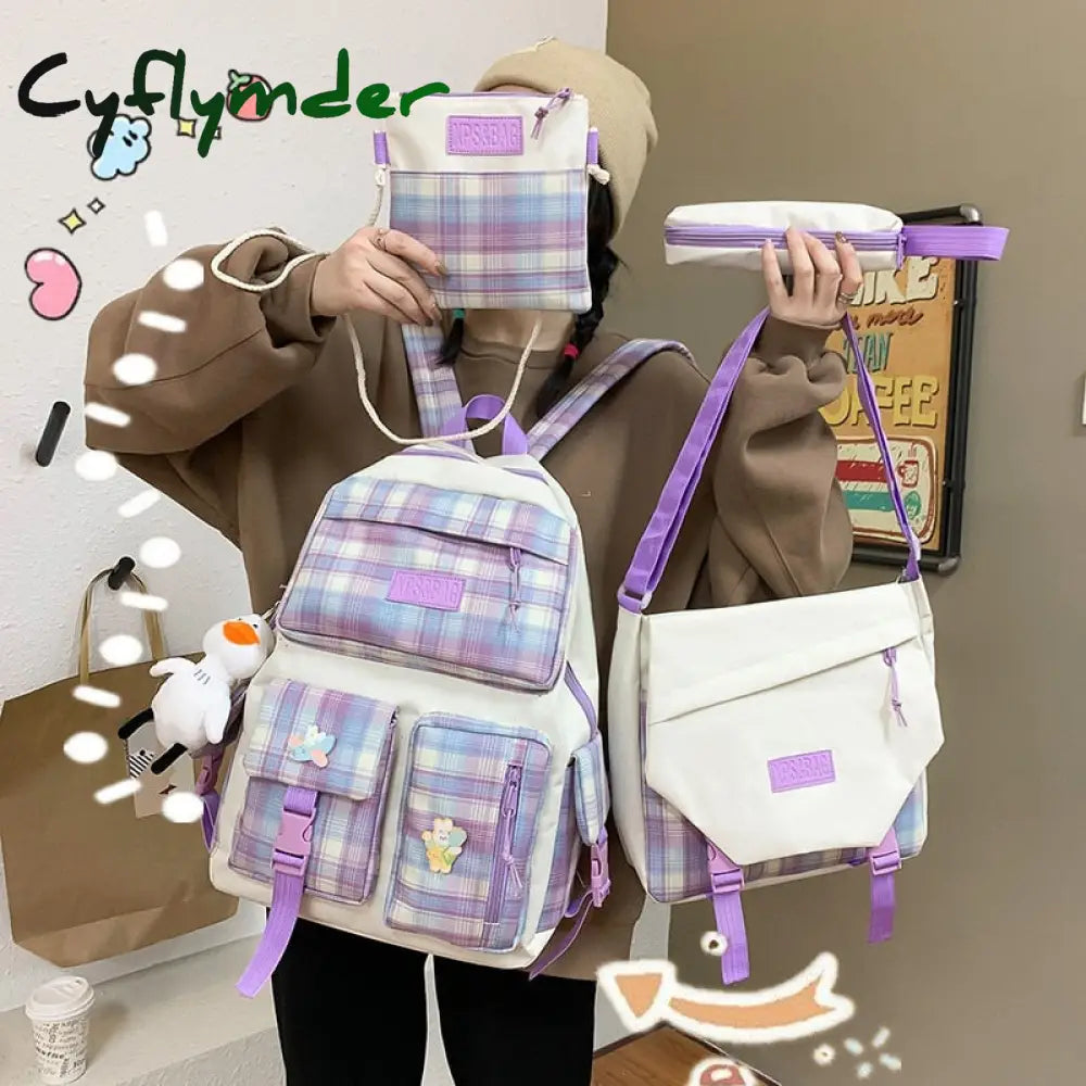 Cyflymder 4 In 1 Pcs Set Canvas Backpack New Korean Junior High School Bags For Teenager Girls