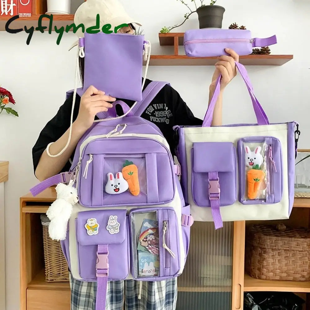 Cyflymder 4 Pcs Sets Children’s School Backpack Kawaii Women’s Bookbag Bags For Teens Girls