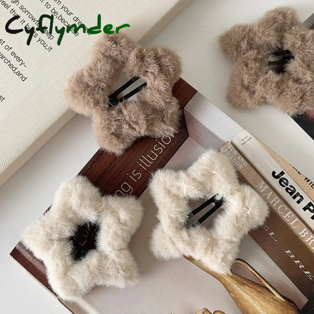 Cyflymder 4pcs Autumn and Winter Plush Five-pointed Star Hairpins Side Bangs BB Clip Cute Soft and Milky Sweet Girl