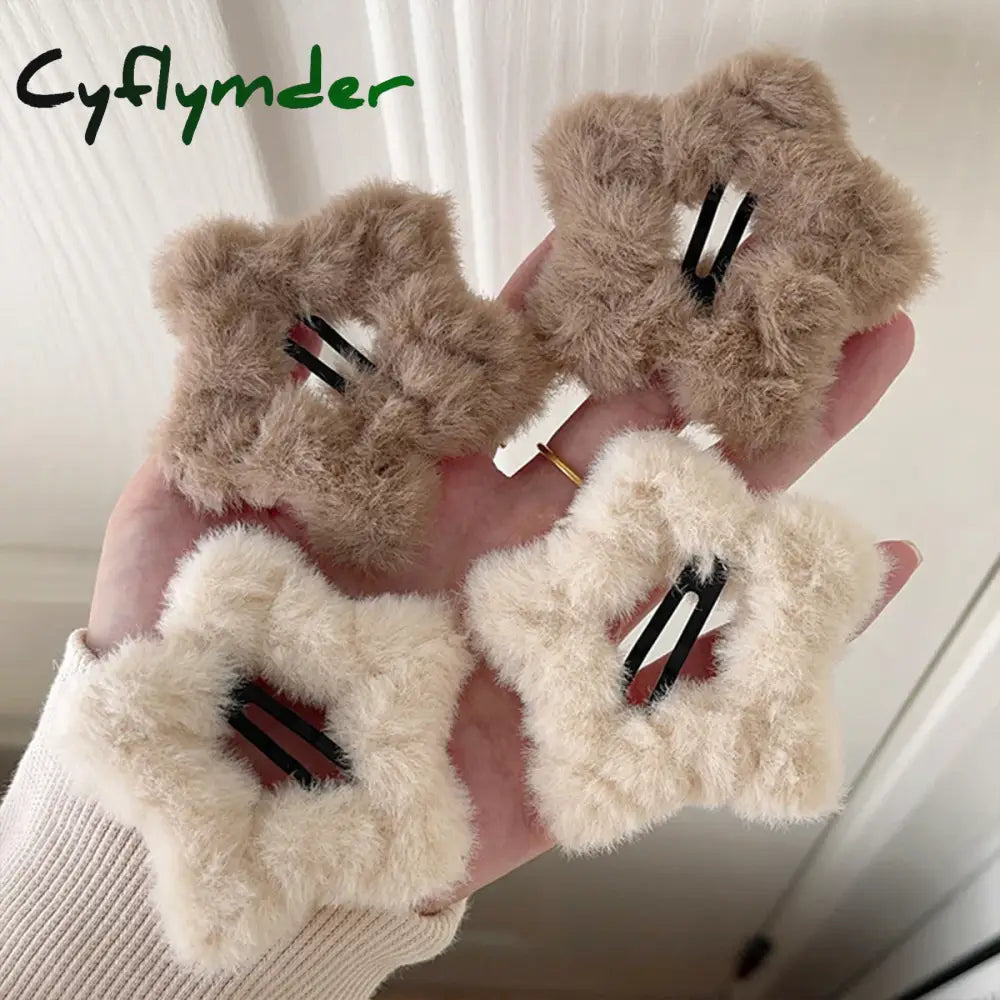 Cyflymder 4pcs Autumn and Winter Plush Five-pointed Star Hairpins Side Bangs BB Clip Cute Soft and Milky Sweet Girl