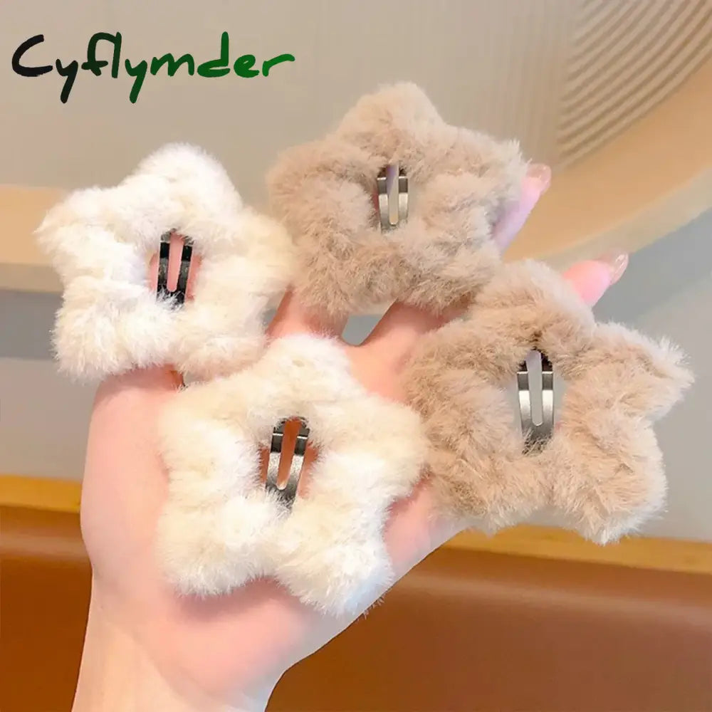 Cyflymder 4pcs Autumn and Winter Plush Five-pointed Star Hairpins Side Bangs BB Clip Cute Soft and Milky Sweet Girl