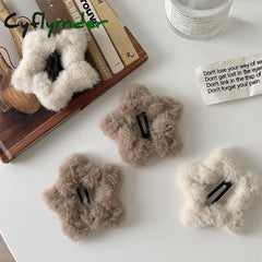 Cyflymder 4pcs Autumn and Winter Plush Five-pointed Star Hairpins Side Bangs BB Clip Cute Soft and Milky Sweet Girl