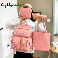 Cyflymder 4Pcs Set Harajuku Women’s Backpack Waterproof Canvas School Bags Large Capacity Student