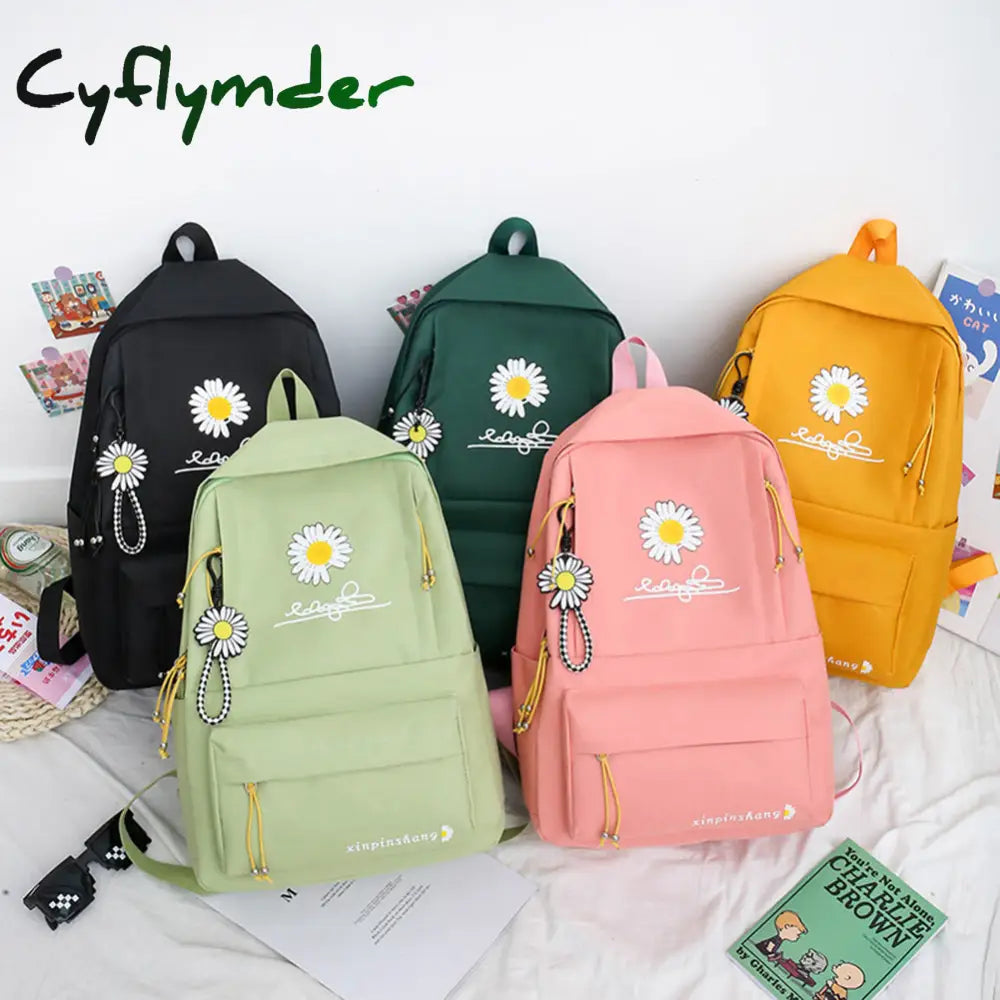 Cyflymder 4Pcs/Set Preppy Style Daisy Print Backpacks Canvas School Rucksack Teenager Girls Travel