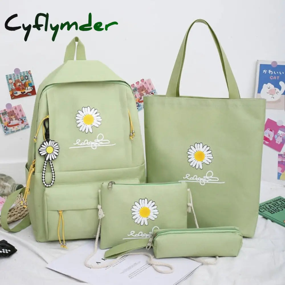 Cyflymder 4Pcs/Set Preppy Style Daisy Print Backpacks Canvas School Rucksack Teenager Girls Travel