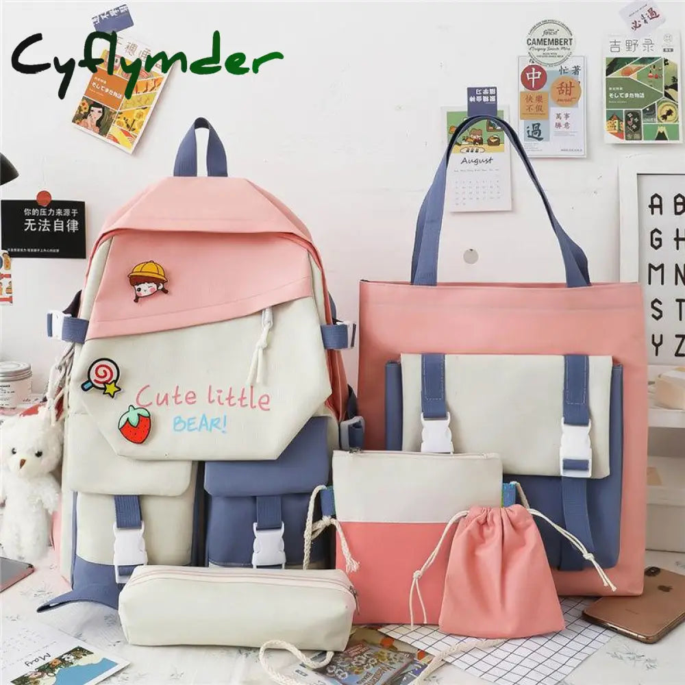 Cyflymder 5 Pcs Backpack For Middle School Students Female Korean Version Large Capacity Schoolbag