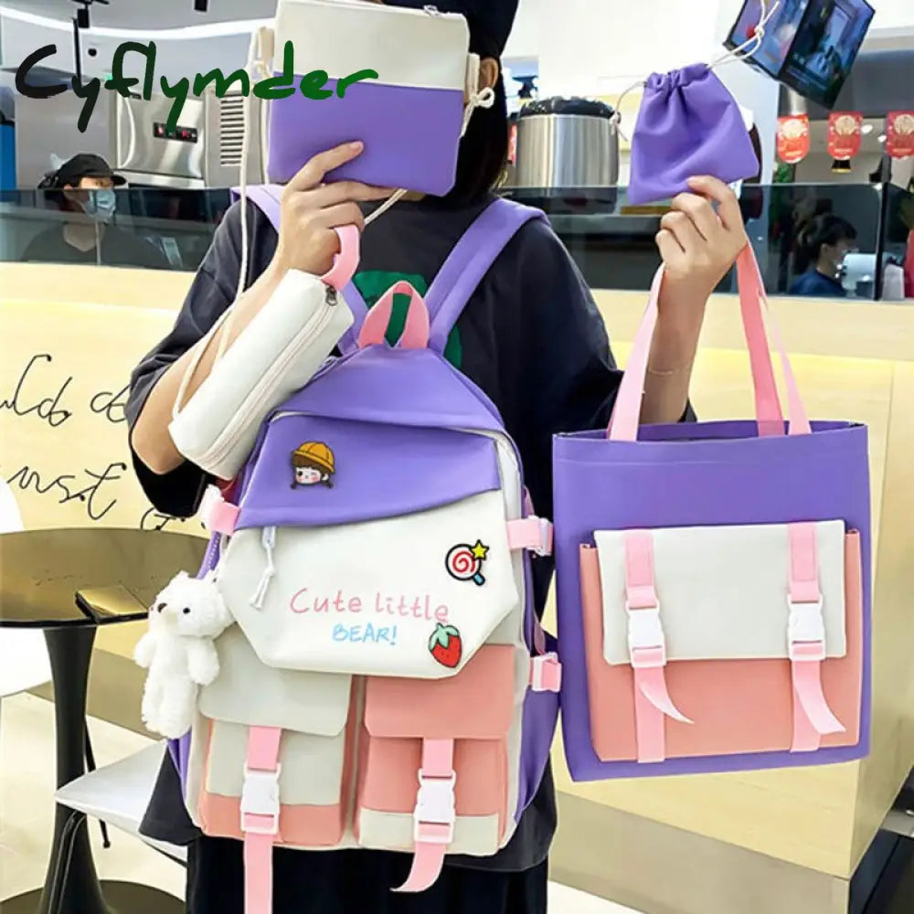 Cyflymder 5 Pcs Backpack For Middle School Students Female Korean Version Large Capacity Schoolbag