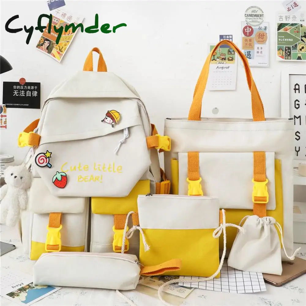 Cyflymder 5 Pcs Backpack For Middle School Students Female Korean Version Large Capacity Schoolbag