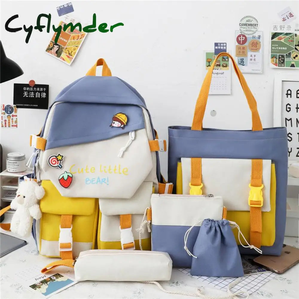 Cyflymder 5 Pcs Backpack For Middle School Students Female Korean Version Large Capacity Schoolbag