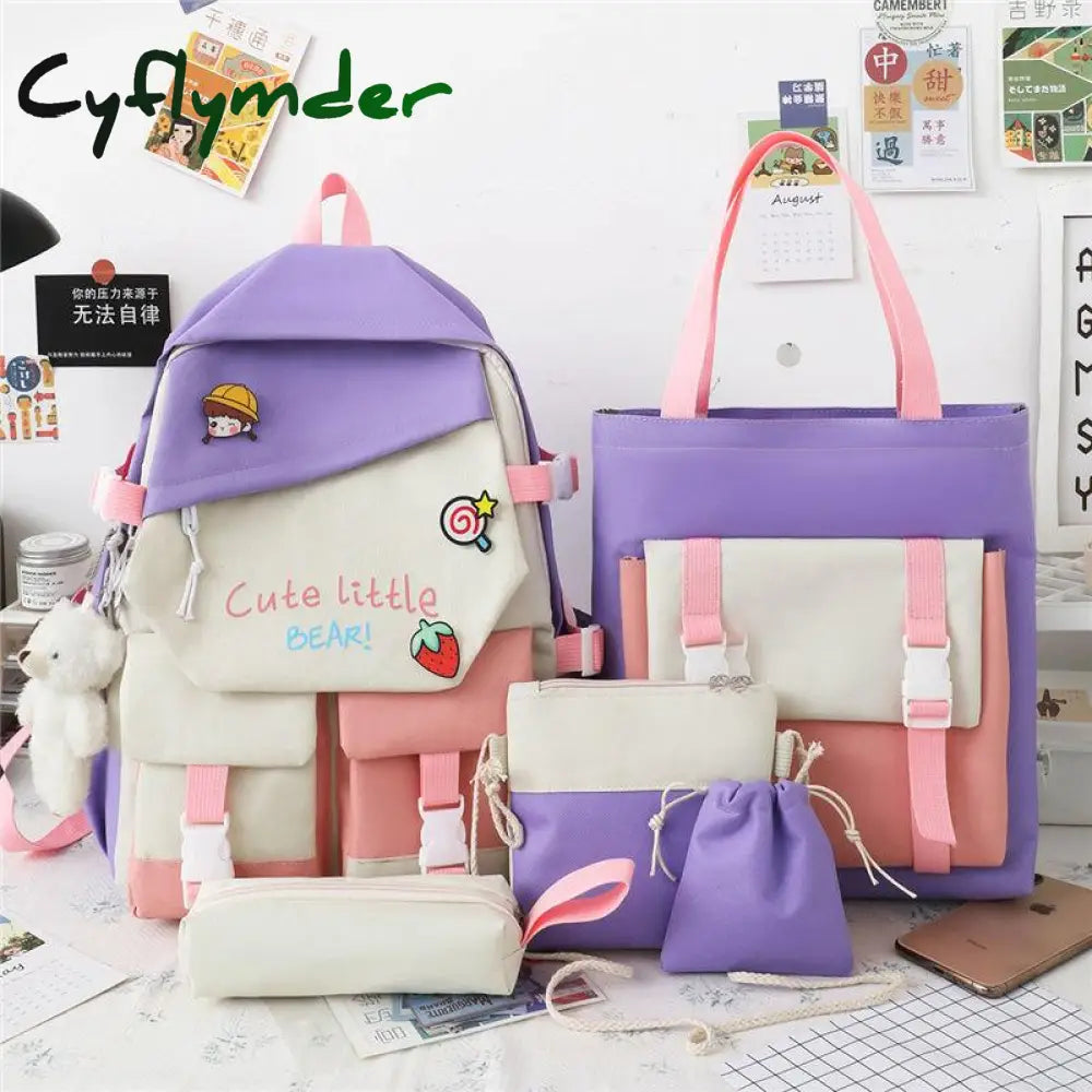 Cyflymder 5 Pcs Backpack For Middle School Students Female Korean Version Large Capacity Schoolbag