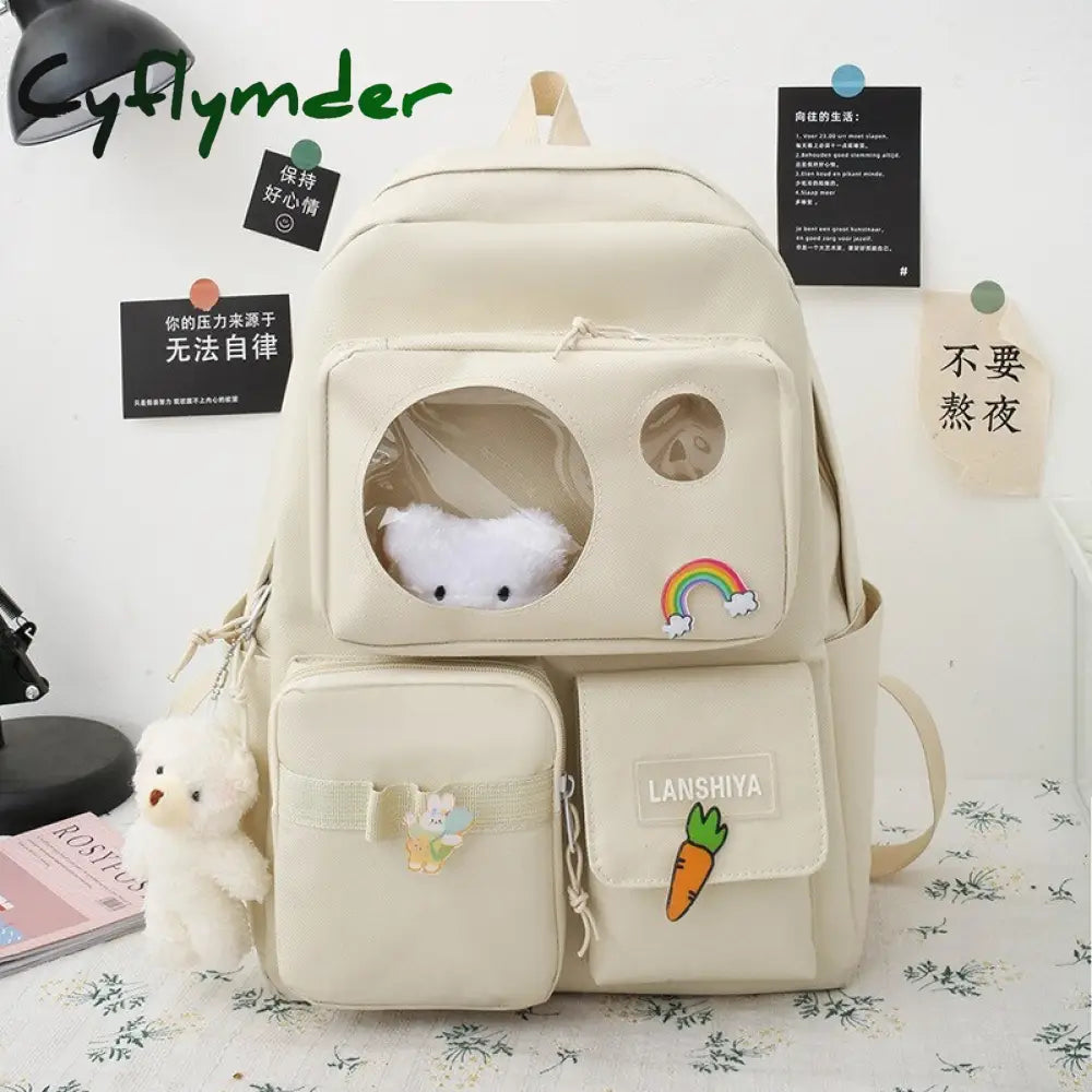 Cyflymder 5 Pcs Schoolbag Female New High School High-Capacity Backpack Junior Pupil Beige 1Pcs