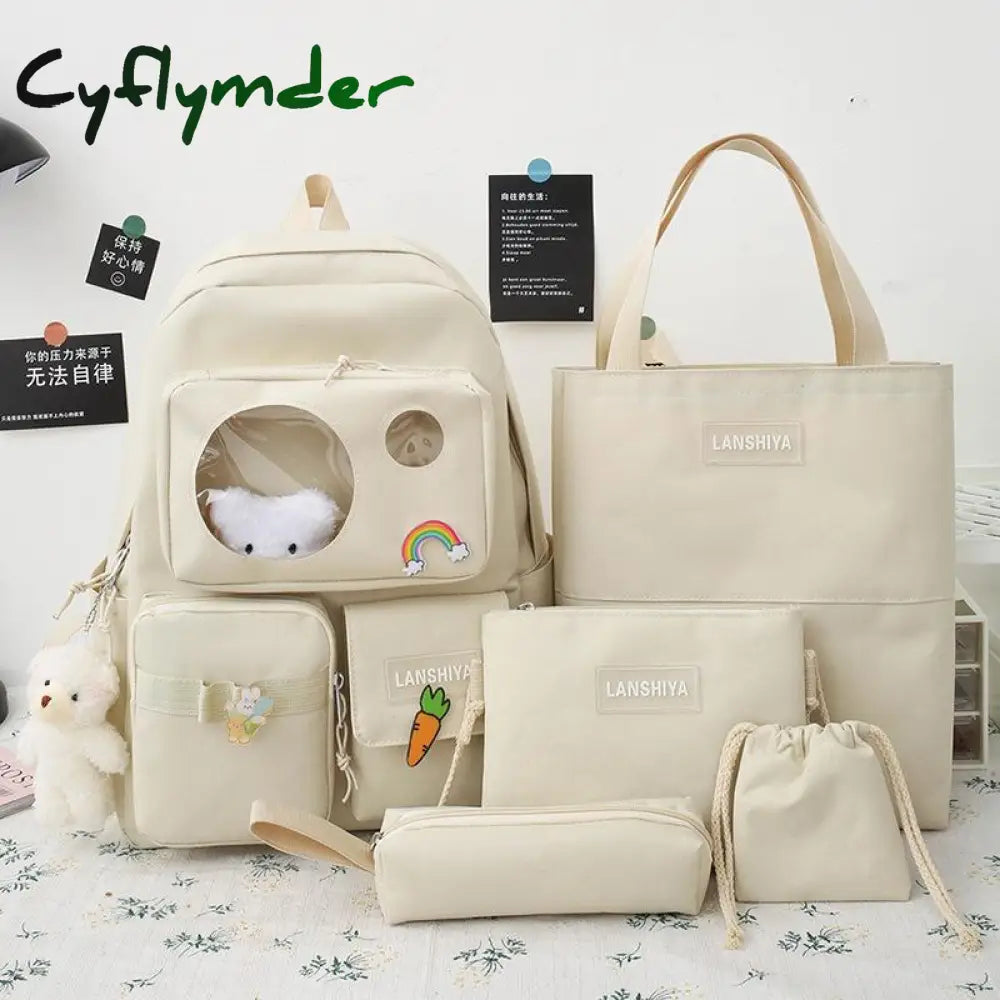 Cyflymder 5 Pcs Schoolbag Female New High School High-Capacity Backpack Junior Pupil Beige 5Pcs