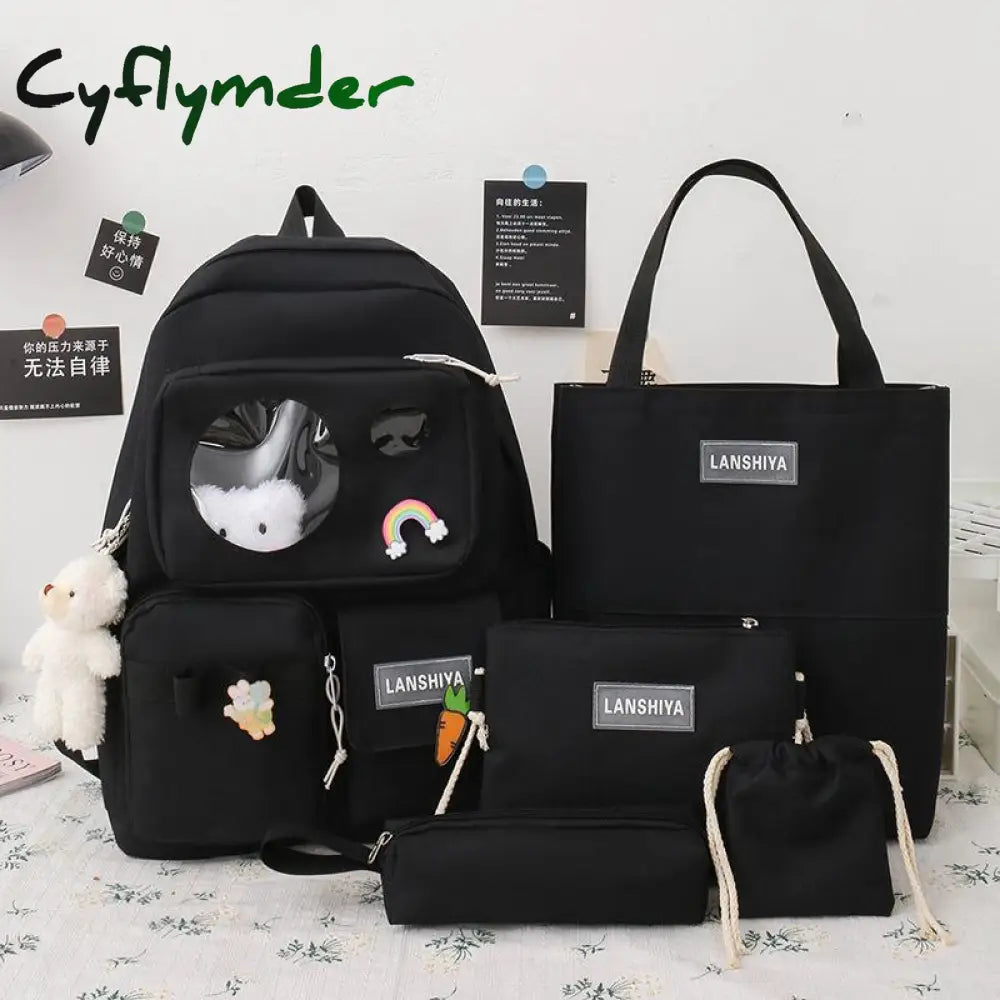 Cyflymder 5 Pcs Schoolbag Female New High School High-Capacity Backpack Junior Pupil Black 5Pcs