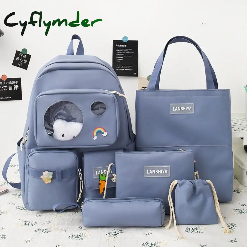 Cyflymder 5 Pcs Schoolbag Female New High School High-Capacity Backpack Junior Pupil Blue 5Pcs