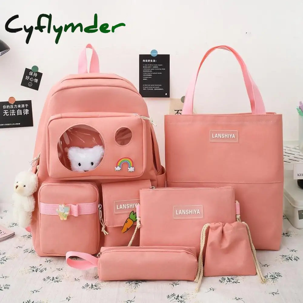 Cyflymder 5 Pcs Schoolbag Female New High School High-Capacity Backpack Junior Pupil Pink 5Pcs