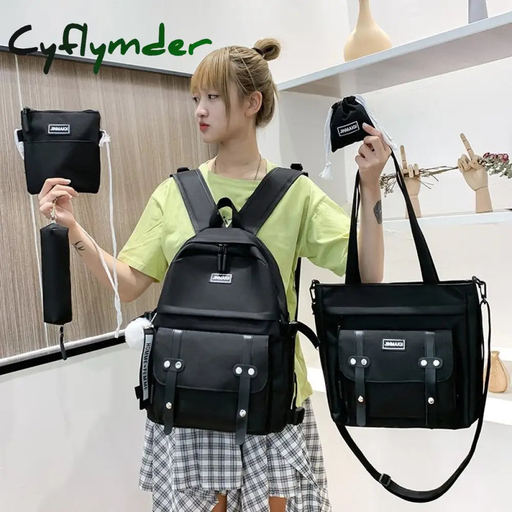 Cyflymder 5 Pcs Sets Canvas Schoolbags For Teenage Girls Women Backpacks Laptop Keychain School