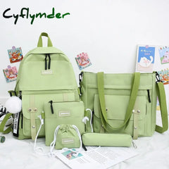 Cyflymder 5 Pcs Sets Canvas Schoolbags For Teenage Girls Women Backpacks Laptop Keychain School