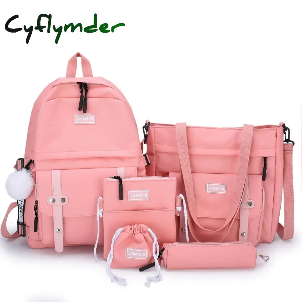 Cyflymder 5 Pcs Sets Canvas Schoolbags For Teenage Girls Women Backpacks Laptop Keychain School