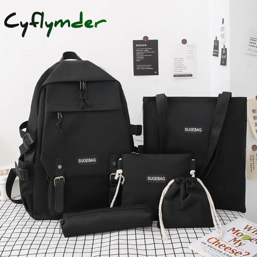 Cyflymder 5 Piece Set School Bags For Teenage Girls Women Backpack Canvas Travel Bagpack Notebook