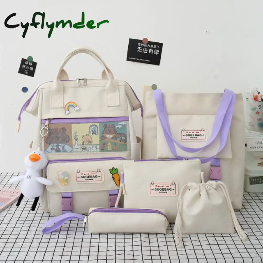 Cyflymder 5Pcs/Set Canvas School Backpacks Women Lovely Bags For Teenage Girls Bookbags Students
