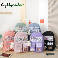 Cyflymder 5Pcs/Set Cute Canvas Women School Backpacks For Teenage Girls Book Bag Student High