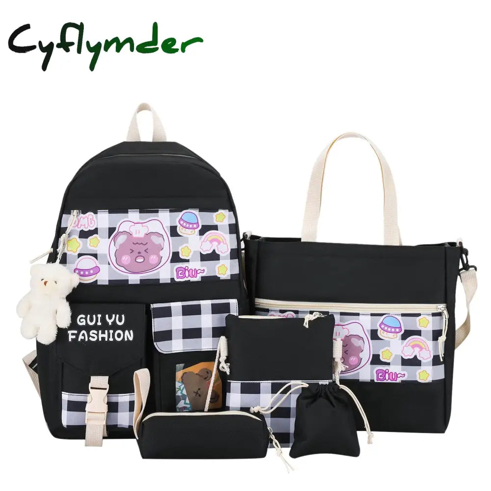 Cyflymder 5Pcs/Set Cute Canvas Women School Backpacks For Teenage Girls Book Bag Student High