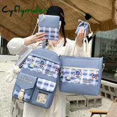 Cyflymder 5Pcs/Set Cute Canvas Women School Backpacks For Teenage Girls Book Bag Student High