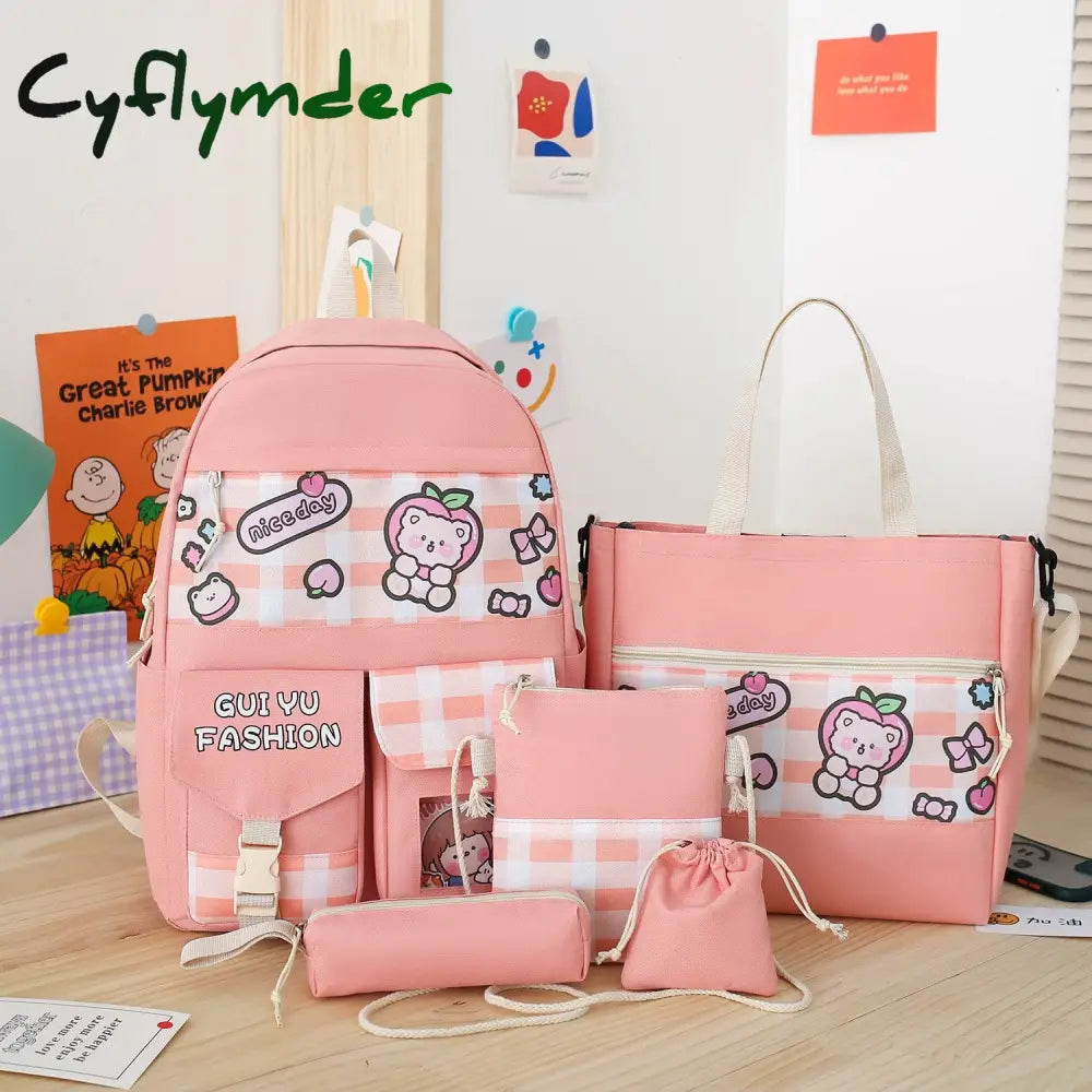 Cyflymder 5Pcs/Set Cute Canvas Women School Backpacks For Teenage Girls Book Bag Student High