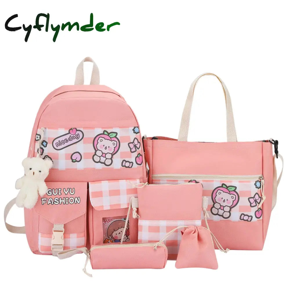 Cyflymder 5Pcs/Set Cute Canvas Women School Backpacks For Teenage Girls Book Bag Student High