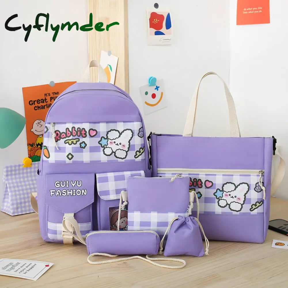 Cyflymder 5Pcs/Set Cute Canvas Women School Backpacks For Teenage Girls Book Bag Student High