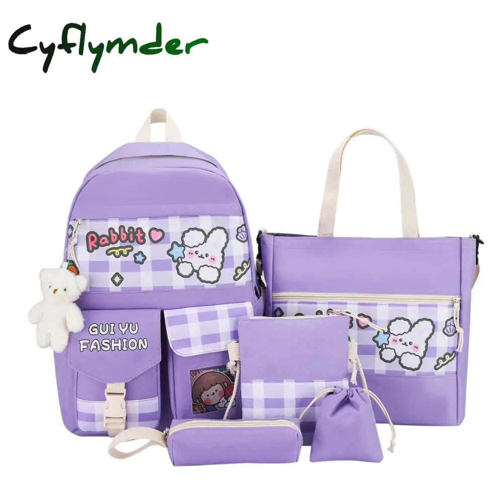 Cyflymder 5Pcs/Set Cute Canvas Women School Backpacks For Teenage Girls Book Bag Student High