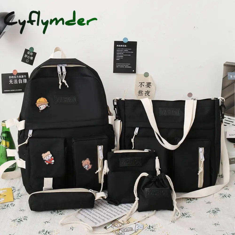 Cyflymder 5Pcs/Set Waterproof Canvas Backpack School Bags For Teenage Girl Boy Ladies Shoulder Bag