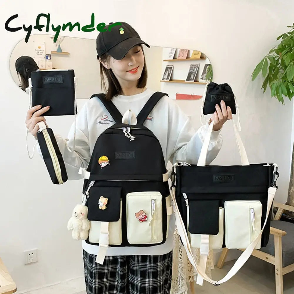 Cyflymder 5Pcs/Set Waterproof Canvas Backpack School Bags For Teenage Girl Boy Ladies Shoulder Bag