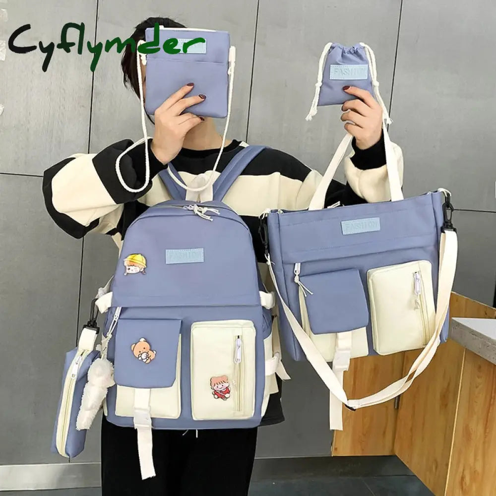 Cyflymder 5Pcs/Set Waterproof Canvas Backpack School Bags For Teenage Girl Boy Ladies Shoulder Bag