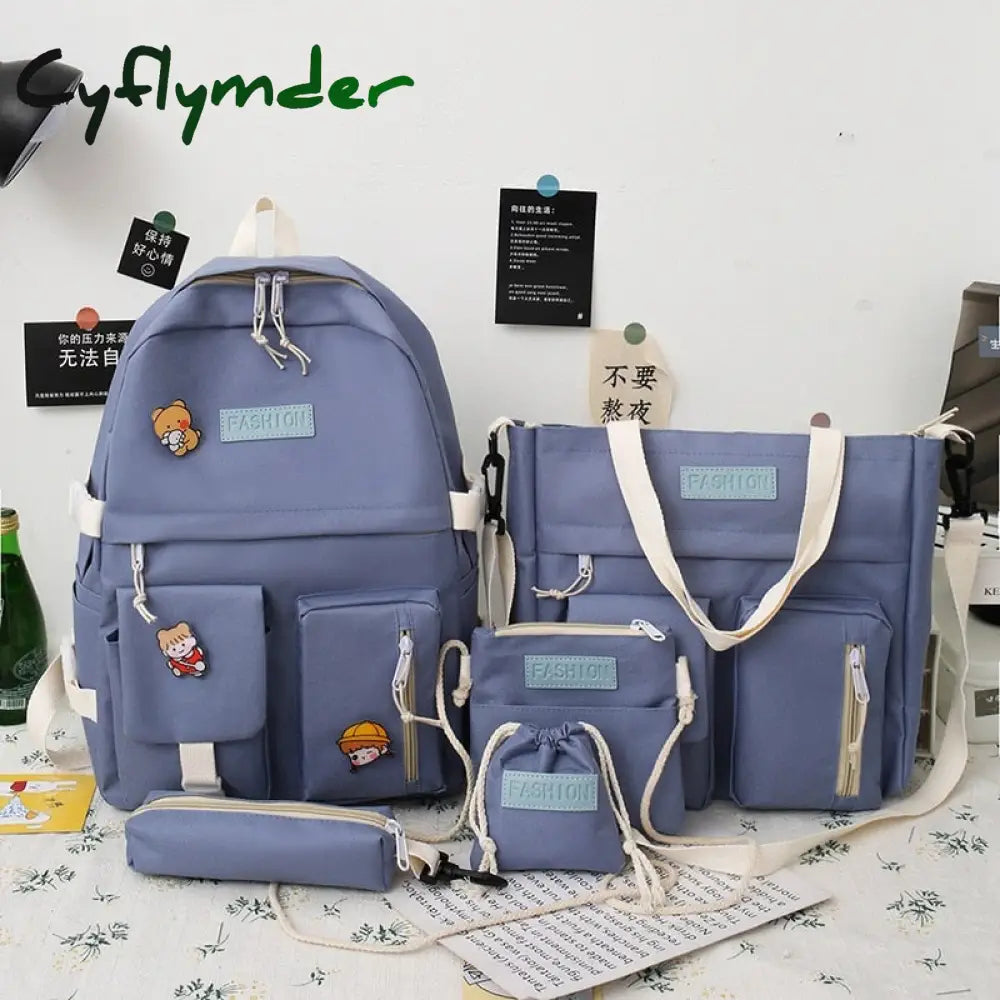 Cyflymder 5Pcs/Set Waterproof Canvas Backpack School Bags For Teenage Girl Boy Ladies Shoulder Bag