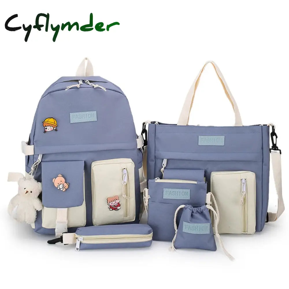 Cyflymder 5Pcs/Set Waterproof Canvas Backpack School Bags For Teenage Girl Boy Ladies Shoulder Bag