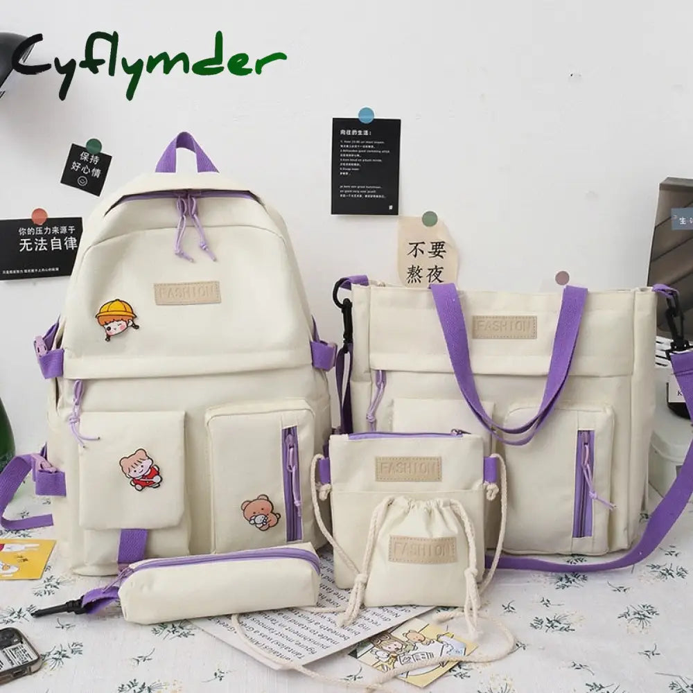 Cyflymder 5Pcs/Set Waterproof Canvas Backpack School Bags For Teenage Girl Boy Ladies Shoulder Bag