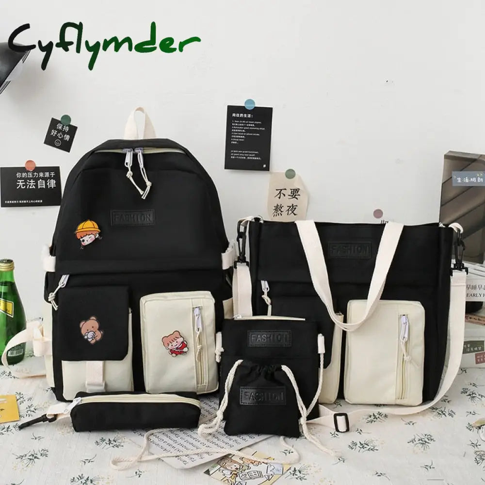 Cyflymder 5Pcs/Set Waterproof Canvas Backpack School Bags For Teenage Girl Boy Ladies Shoulder Bag