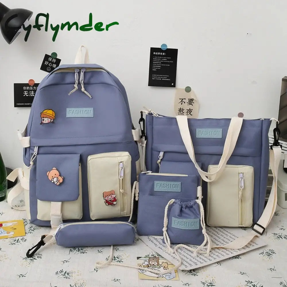 Cyflymder 5Pcs/Set Waterproof Canvas Backpack School Bags For Teenage Girl Boy Ladies Shoulder Bag