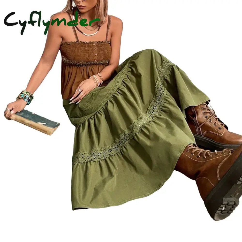 Cyflymder 90S Vintage Green Pleated Skirts Korean Fashion Holiday Boho High Waist Long Retro Y2K
