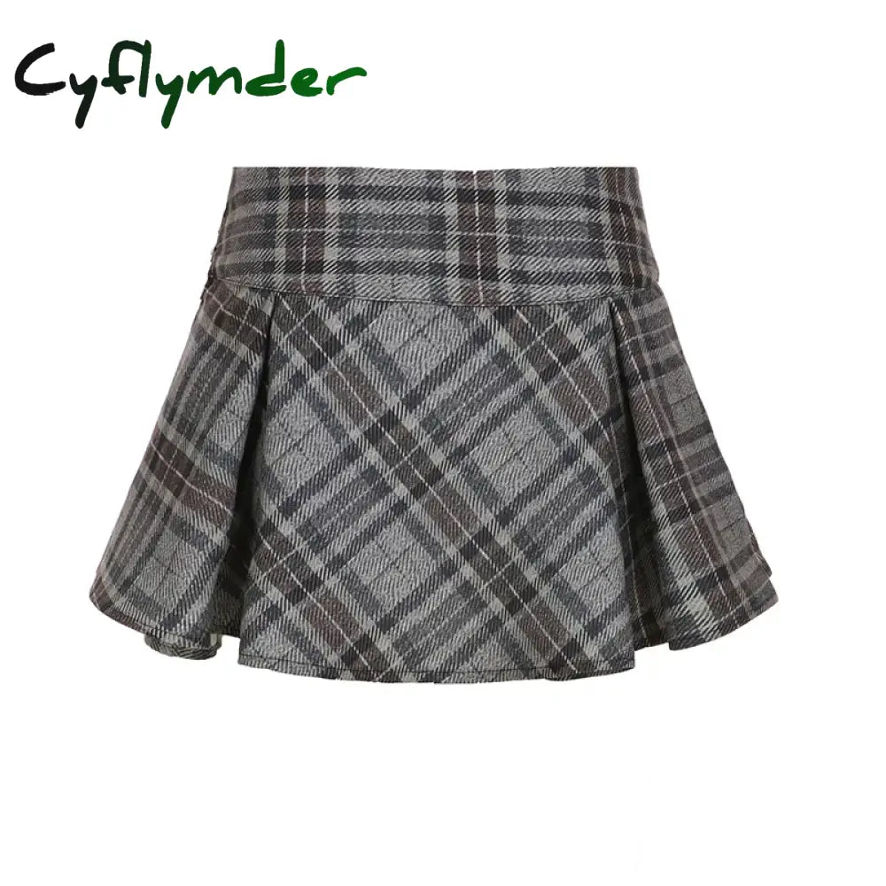 Cyflymder Academia Style Plaid Ruched Women’s A-Line Skirts Fashion All-Match Button Bow Design Mini Skirts Korean