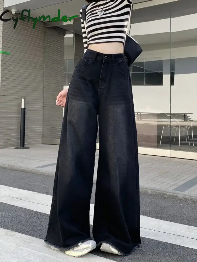 Cyflymder American Black Loose Denim Flare Pants Full Length Vintage Wide Leg Y2K Jeans High Waist
