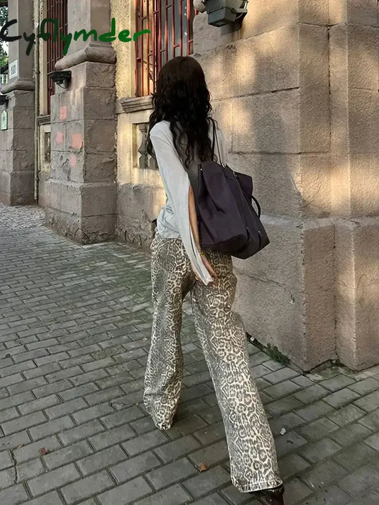 Cyflymder American Leopard Wash Jeans Women Y2K Vintage Stacked Beige High Street Oversized Waist